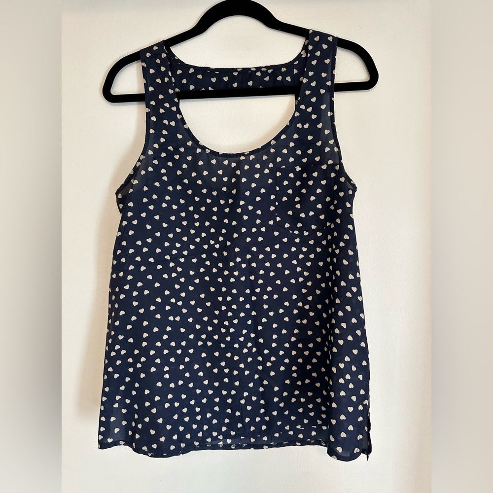 Twentyone Navy and White Heart Print Silk Tank, Small